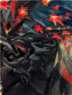 Otto Fischer-Trachau: Überraschender Handgranatenüberfall auf der »Giesslerhöhe«, 1916, Tempera, Sammlung Gerhard Schneider